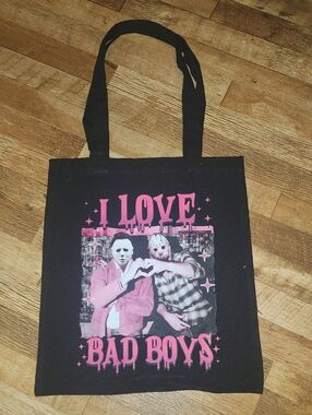I Love Bad Boys Black Graphic Tote Bag. 13x15